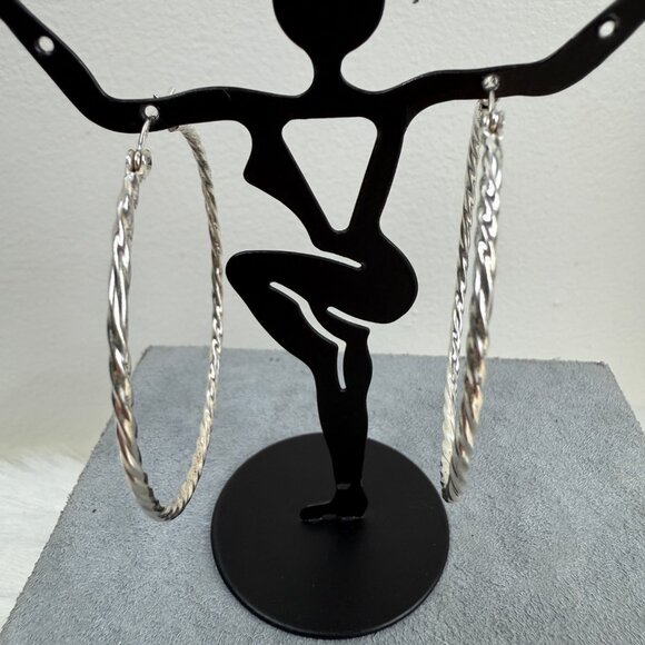 Silver Tone Twisted Hoop Pierced Earrings 2" Drop - Picture 4 of 5